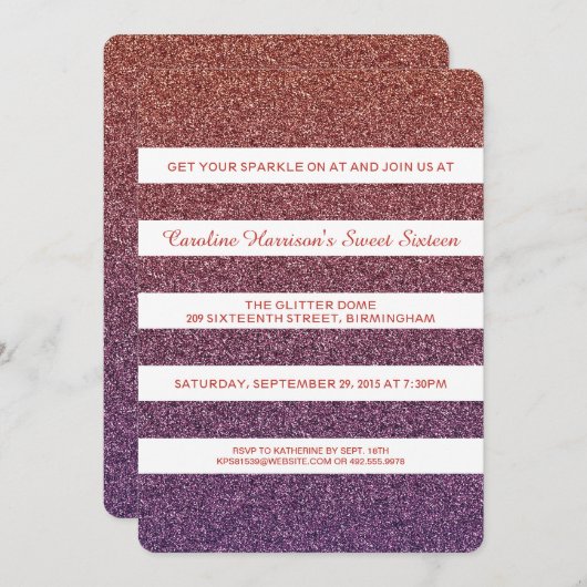 オレンジ紫色のフェイクなグリッターのグラデーションな菓子16のパーティー 招待状 (正面/裏面)