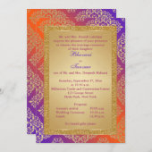 、オレンジ紫色、金ゴールドのフェイクなグリッターの結婚式の招待 招待状 (正面/裏面)