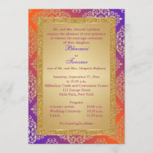 、オレンジ紫色、金ゴールドのフェイクなグリッターの結婚式の招待