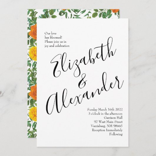 オレンジ結婚バラフローラモダン 招待状 (正面/裏面)