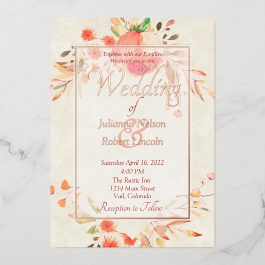 オレンジ結婚フローラ 箔招待状 (正面)