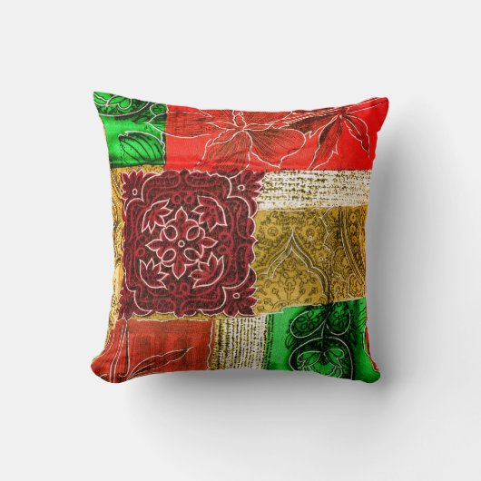 オレンジ緑の金ゴールドパッチワークヴィンテージファブリックのパターン クッション (正面)