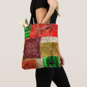 オレンジ緑の金ゴールドパッチワークヴィンテージ生地のテクスチャ トートバッグ (クローズアップ)