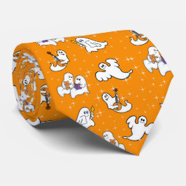 オレンジ背景のかわいいハロウィンのおばけ ネクタイ
