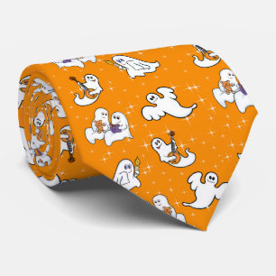 オレンジ背景のかわいいハロウィンのおばけ ネクタイ