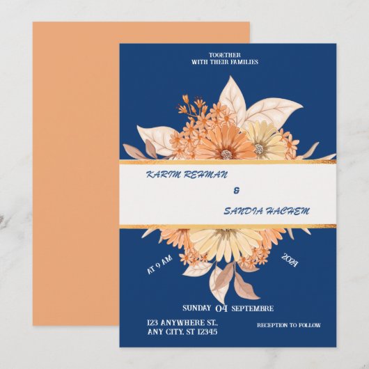オレンジ自然バラフローラネイビーブルー結婚ズ 招待状 (正面/裏面)
