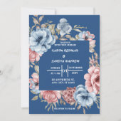 オレンジ自然バラフローラネイビーブルー結婚ズ 招待状 (正面)