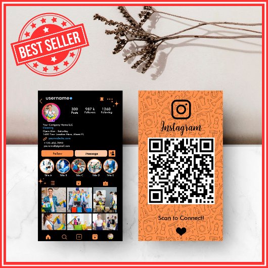 オレンジ色が鮮やかなハウスキーピングInstagram QRコード 名刺