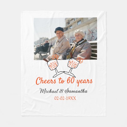 オレンジ色で60周年記念結婚お祝い フリースブランケット (正面)