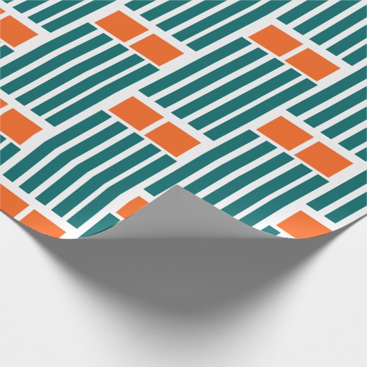 オレンジ色とティール（緑がかった色）の線とボックス ラッピングペーパー (角)