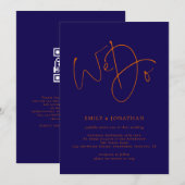 オレンジ色とネイビーのスクリプト風「私たち、結婚しました」QRコード付きウェディングデザイン 招待状 (正面/裏面)