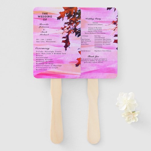 オレンジ色とピンクのスワールが秋の葉のウェディングプログラム ハンドファン (正面&裏面)