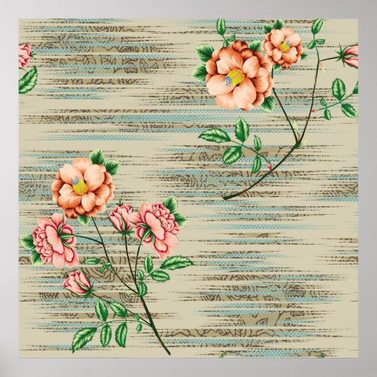 オレンジ色とピンク色のヴィンテージに緑の葉花をつける ポスター (正面)