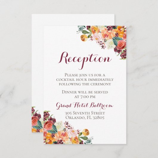 オレンジ色とマルーンの秋の花の結婚式の受付カード エンクロージャーカード (正面/裏面)