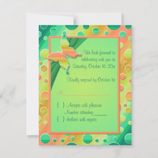 オレンジ色とライムグリーンの水玉模様の出欠確認カード 招待状 (正面)