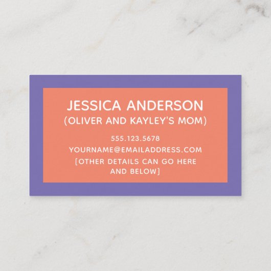 オレンジ色と紫の色のブロックよくはしゃぐ遊の日付 コーリングカード (裏面)