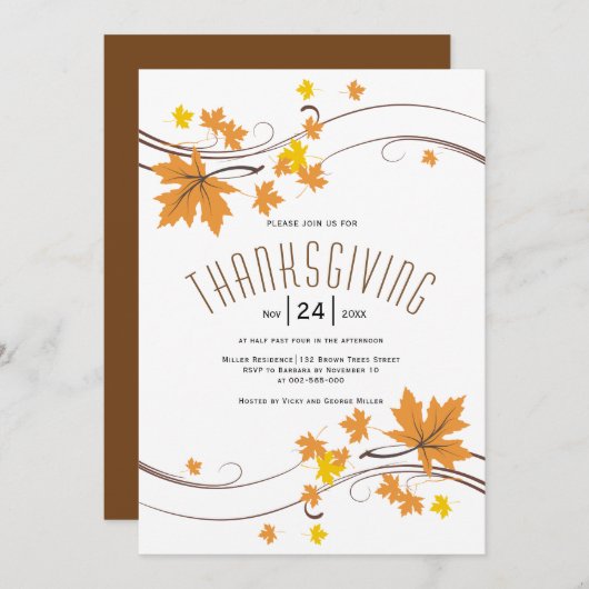 オレンジ色と茶色の紅葉が感謝祭に降る 招待状 (正面/裏面)