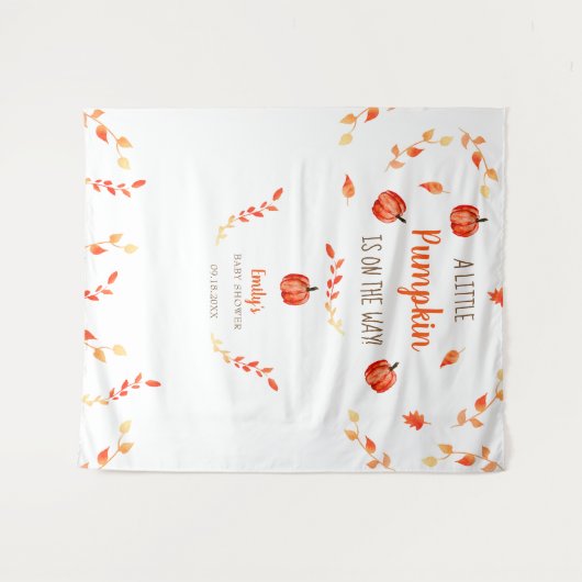 オレンジ色と赤色の葉の秋の小さなかぼちゃのベイビーシャワーリーフ タペストリー (正面(横))