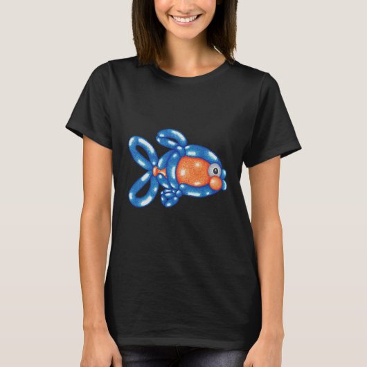 オレンジ色と青い風船のねじれをデザインした魚アート Tシャツ (正面)