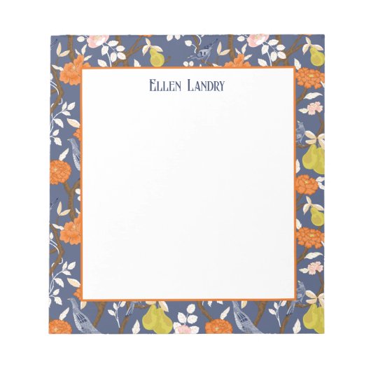 オレンジ色と青のチノワズリーの鳥 ノートパッド (正面)