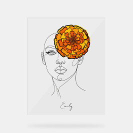 オレンジ色と黄色のマリーゴールドの花を使った10月誕生花のポートレート アクリルサイン
