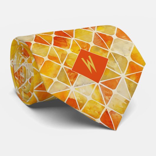 オレンジ色と黄色の幾何学的モノグラムを燃やす ネクタイ (ロール)