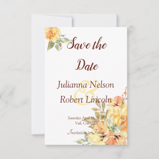 オレンジ色と黄色の水色のフローラは日付を保存 招待状 (正面)