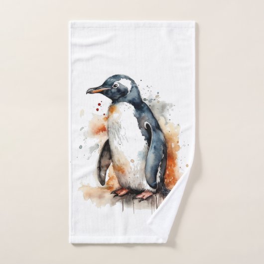オレンジ色と黒い水色のペンギン ハンドタオル (ハンドタオル)