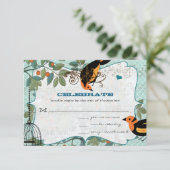 オレンジ色と黒の アールデコ風鳥のデザイン 出欠カード (スタンド正面)