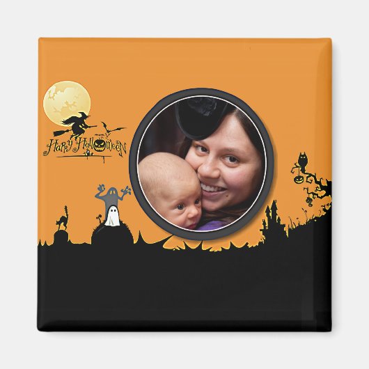 オレンジ色にハロウィーンの夜あなたの写真を追加 マグネット (正面)