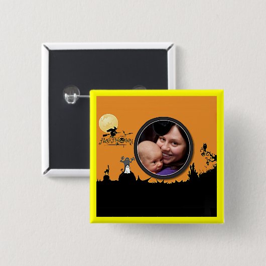 オレンジ色にハロウィーンの夜あなたの写真を追加 缶バッジ (正面&裏面)