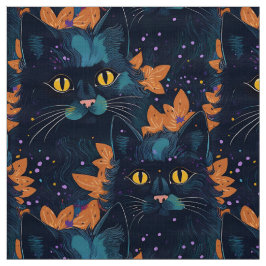 オレンジ色にハロウィーンの黒猫 ファブリック