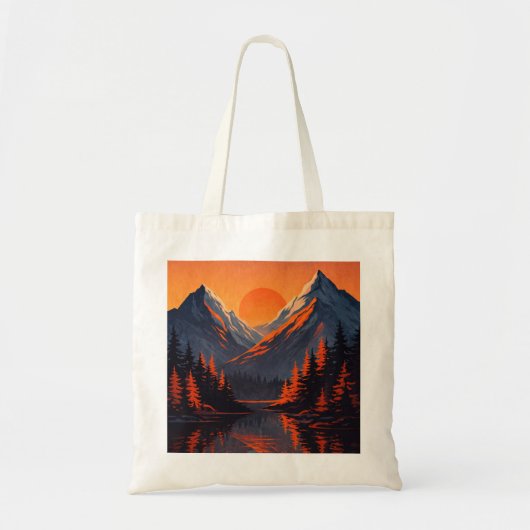 オレンジ色に燃える夕焼けの山並みとその水面反射 トートバッグ (正面)