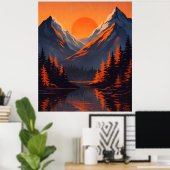 オレンジ色に燃える夕焼けの山並みとその水面反射 ポスター (ホームオフィス)
