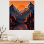 オレンジ色に燃える夕焼けの山並みとその水面反射 ポスター (キッチン)