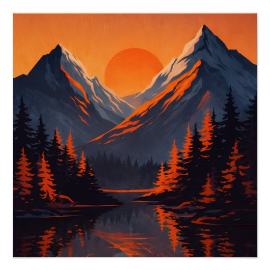オレンジ色に燃える山の夕焼けの空の反射 ポスター (正面)