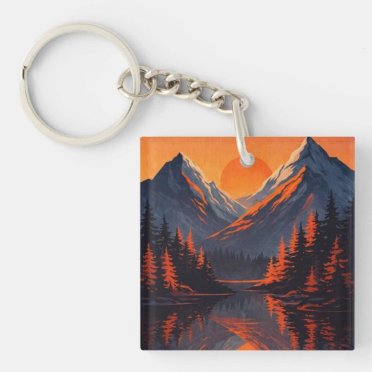 オレンジ色に燃える山の夕焼けの空  キーホルダー (正面)