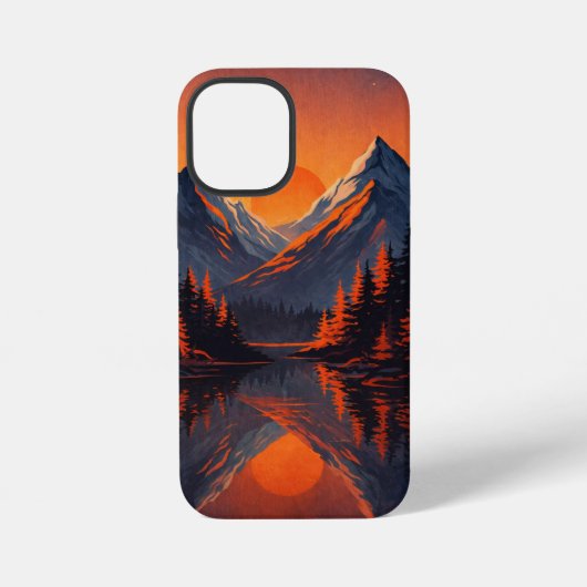 オレンジ色に燃える山の夕焼けの空 iPhoneケース (裏面)