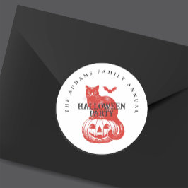 オレンジ色のかぼちゃと猫とコウモリのハロウィンパーティー ラウンドシール