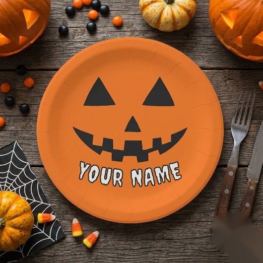 オレンジ色のかぼちゃのハロウィーン あなたの名前 ペーパープレート