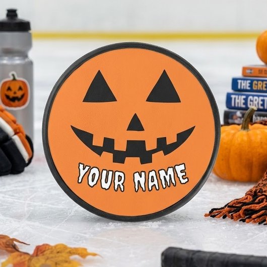 オレンジ色のかぼちゃのハロウィーン 名前入り アイスホッケーパック