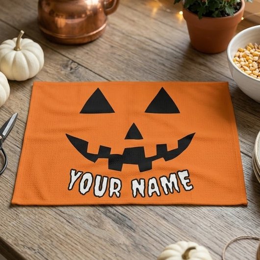 オレンジ色のかぼちゃのハロウィーン 名前入り キッチンタオル