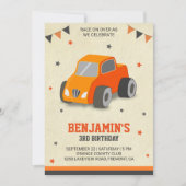 オレンジ色のかわいいおもちゃの車の子供の誕生日パーティーの招待状 招待状 (正面)