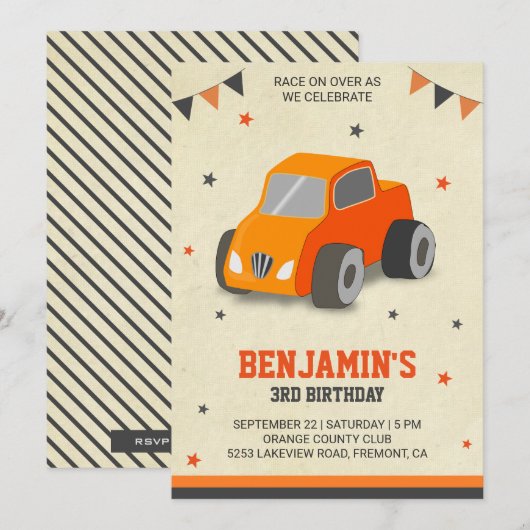 オレンジ色のかわいいおもちゃの車の子供の誕生日パーティーの招待状 招待状 (正面/裏面)
