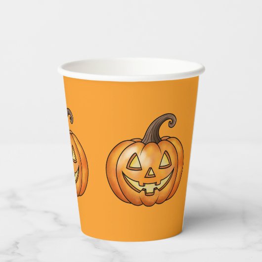 オレンジ色のかわいいカートゥーンのジャック・オ・ランタン・パンプキン ハロウィン 紙コップ (裏面)