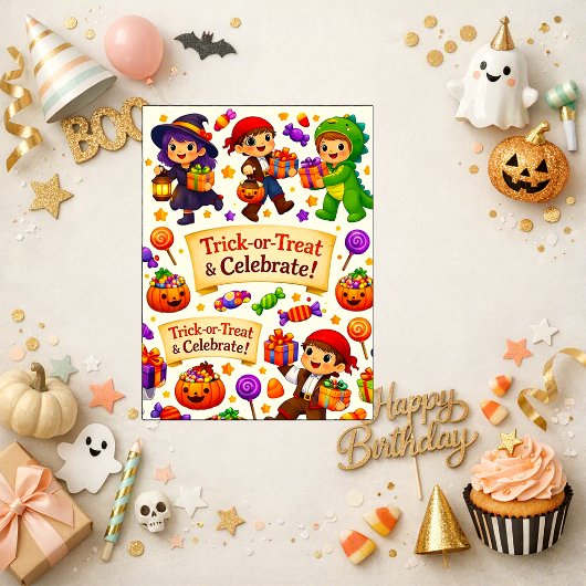 オレンジ色のかわいいハロウィンお誕生日お祝い カード