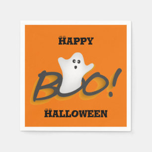 オレンジ色のかわいいハロウィンのお化けのデザインで"BOO!" スタンダードカクテルナプキン