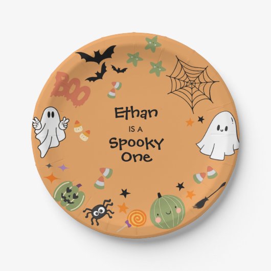 オレンジ色のかわいいハロウィン1歳の誕生日 ペーパープレート (正面)