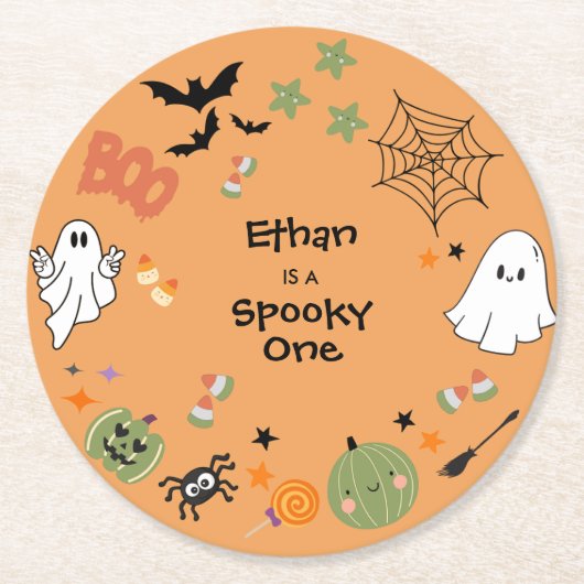 オレンジ色のかわいいハロウィン1歳の誕生日 ラウンドペーパーコースター (正面)