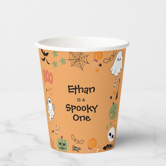 オレンジ色のかわいいハロウィーンおばけの1歳の誕生日 紙コップ (正面)